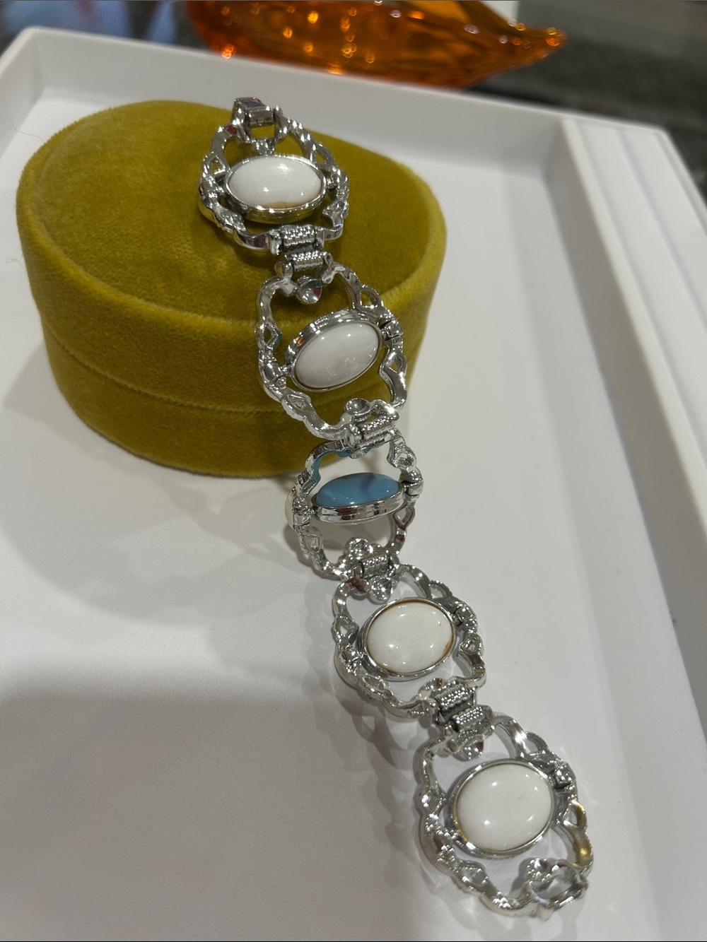 Vintage Silver Tone Bracelet with Blue White Reversible Accents 6.5-6 3/4” - Picture 2 of 5